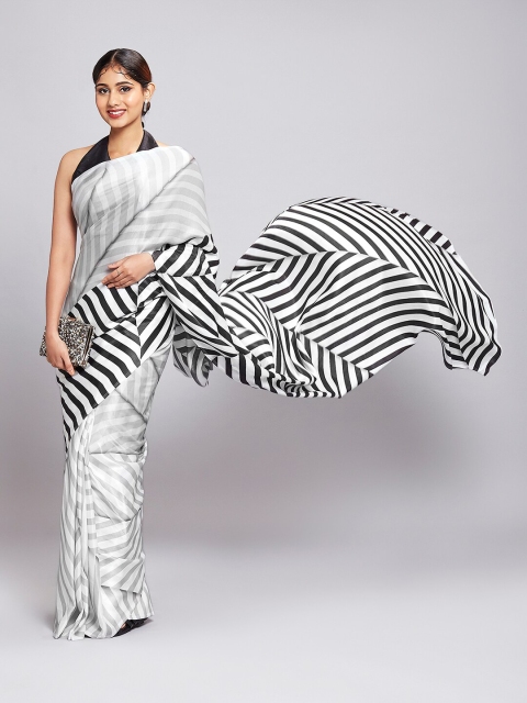 

navyasa Grey & Off White Striped Satin Saree