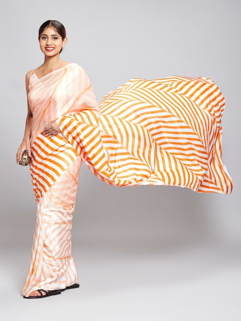 

navyasa Yellow & Off White Striped Satin Saree