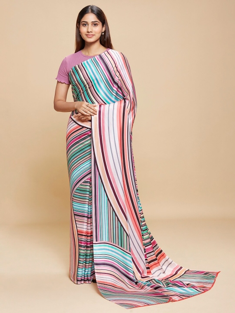 

navyasa Pink & Blue Striped Satin Saree