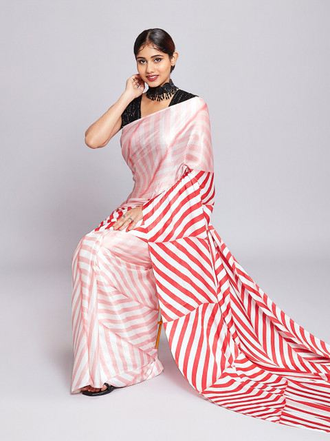 

navyasa Pink & Off White Geometric Printed Satin Saree