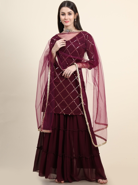 

KALINI Women Burgundy Floral Embroidered Mirror Work Kurta with Sharara & Dupatta