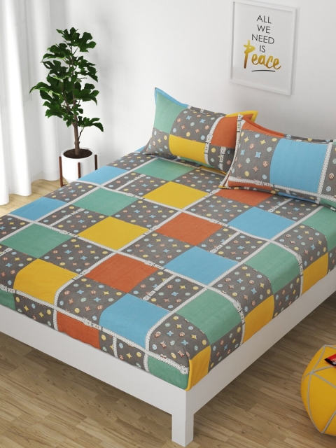 

Bajo's Blue & Orange Geometric 250 TC Cotton King Bedsheet with 2 Pillow Covers