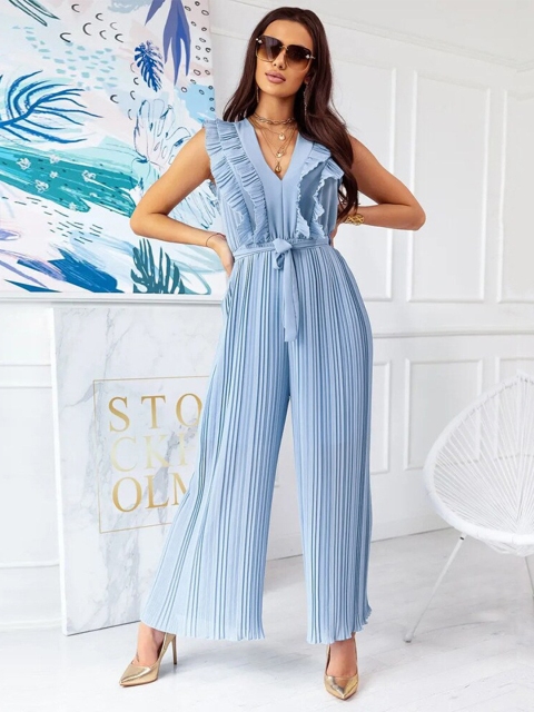 

BoStreet Blue Basic Jumpsuit with Lace Inserts