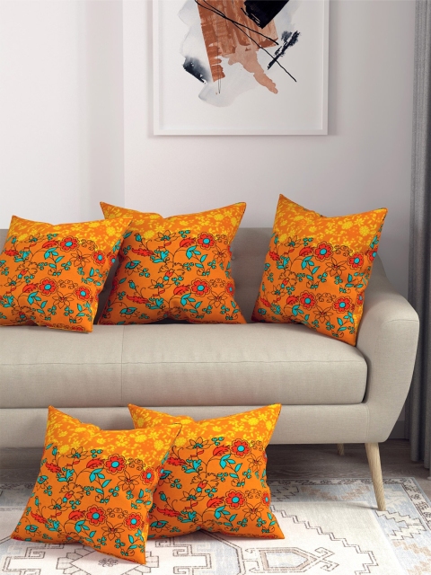 

Salona Bichona Pack of 5 Mustard & Red Floral Printed Cotton Square Cushion Covers