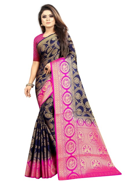 

Paramparik Textile Navy Blue & Pink Woven Design Zari Art Silk Banarasi Saree