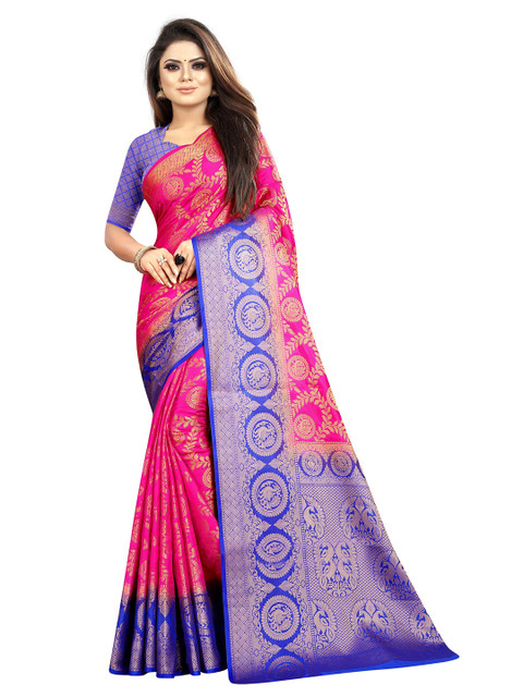 

Paramparik Textile Pink & Blue Woven Design Zari Art Silk Banarasi Saree