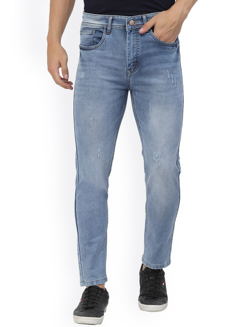 

FEVER Men Blue Cotton Cropped Slim Fit Low Distress Heavy Fade Stretchable Jeans