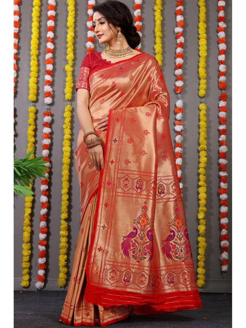 

Anaita Red & Gold-Toned Woven Design Zari Pure Silk Banarasi Saree