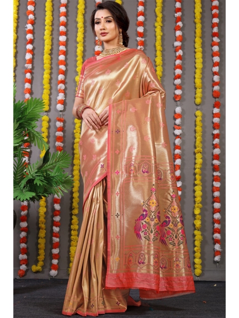 

Anaita Orange & Gold-Toned Woven Design Zari Pure Silk Banarasi Saree