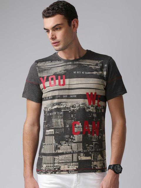 

YWC Men Grey Melange Printed Round Neck T-shirt