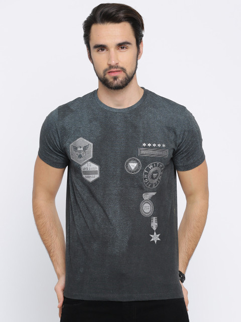 

YWC Men Grey Printed Round Neck T-shirt