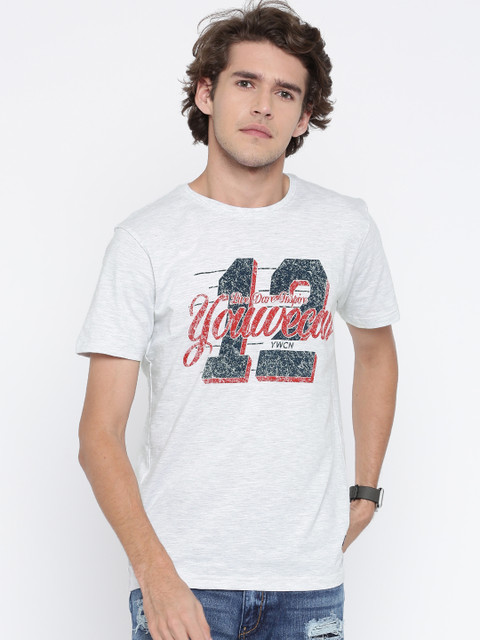 

YWC Men Grey Melange Printed Round Neck T-shirt