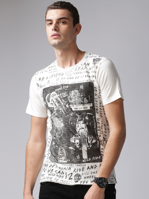 

YWC Men Off-White Printed Round Neck T-shirt