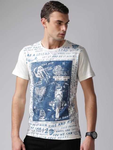 

YWC Men Off-White Printed Round Neck T-shirt