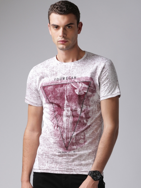 

YWC Men White & Maroon Printed Round Neck T-shirt