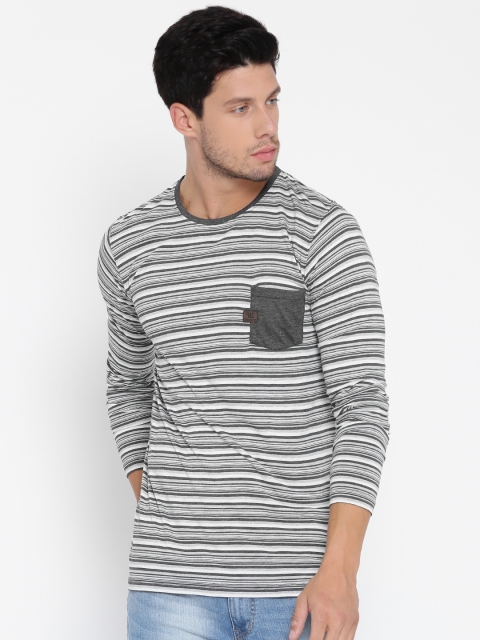 

YWC Men White & Grey Melange Striped Round Neck T-shirt