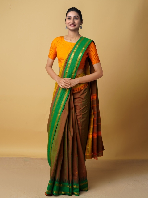 

Unnati Silks Brown & Green Woven Design Pure Cotton Kanjeevaram Saree