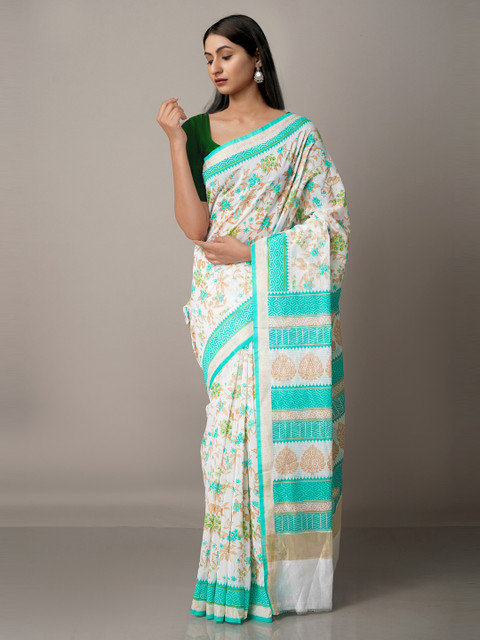 

Unnati Silks Cream-Coloured & Green Ethnic Motifs Zari Silk Cotton Baluchari Saree