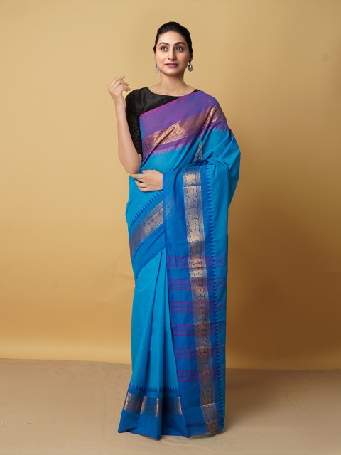 

Unnati Silks Blue & Purple Zari Pure Cotton Kanjeevaram Saree