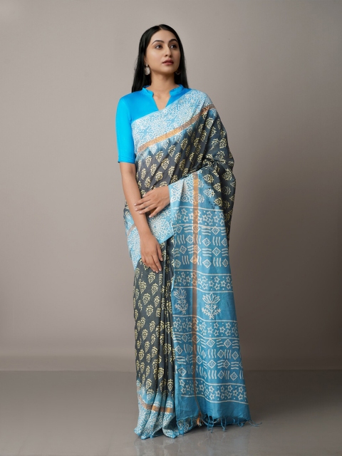 

Unnati Silks Green & Blue Ethnic Motifs Silk Blend Baluchari Saree