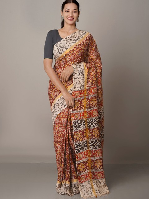 

Unnati Silks Red & Yellow Kalamkari Pure Silk Block Print Saree
