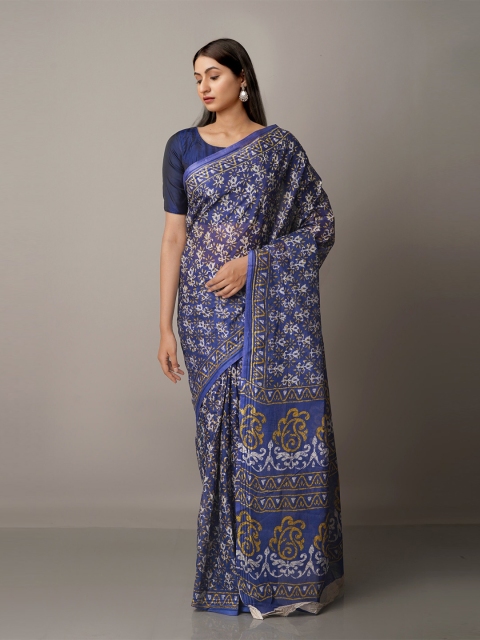 

Unnati Silks Blue & White Ethnic Motifs Pure Cotton Kovai Saree