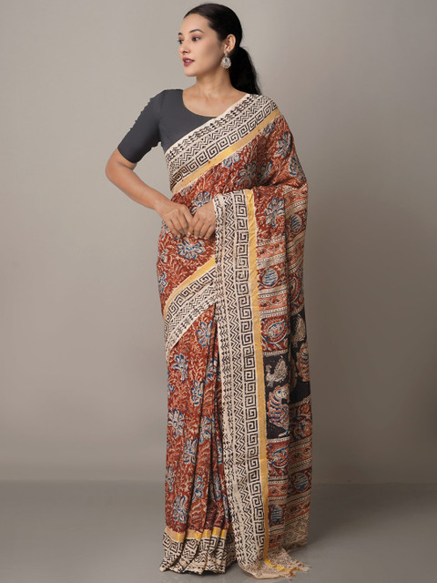 

Unnati Silks Brown & Black Kalamkari Pure Silk Block Print Saree
