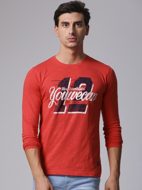 

YWC Men Red Printed Round Neck T-shirt