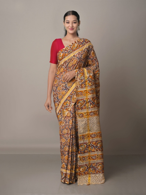 

Unnati Silks Brown And Blue Kalamkari Pure Silk Block Print Saree