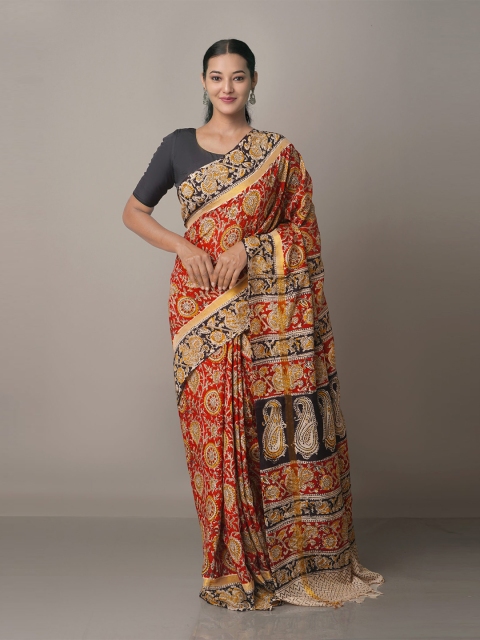 

Unnati Silks Black & Red Kalamkari Pure Silk Block Print Saree