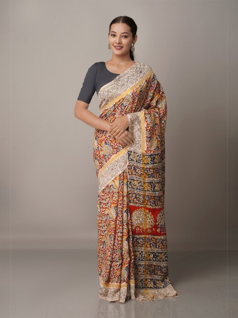 

Unnati Silks Red & Blue Kalamkari Pure Silk Block Print Saree