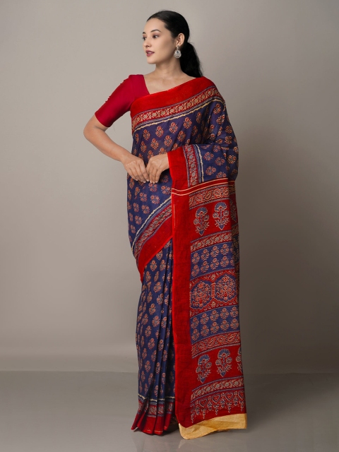

Unnati Silks Blue & Red Ethnic Motifs Pure Cotton Kovai Saree