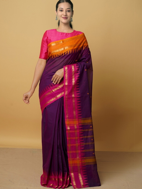 

Unnati Silks Purple & Pink Zardozi Pure Cotton Kanjeevaram Saree