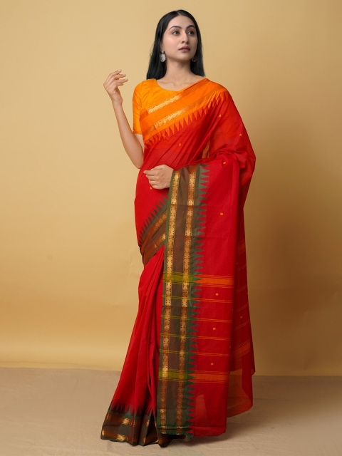 

Unnati Silks Red & Green Woven Design Pure Cotton Kanjeevaram Saree