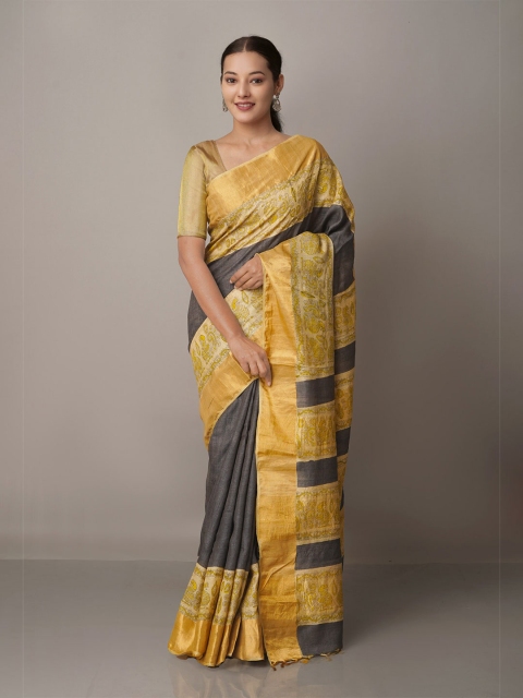 

Unnati Silks Black & Beige Ethnic Motifs Zari Pure Silk Tussar Saree