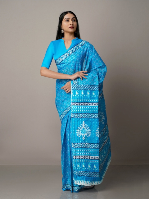 

Unnati Silks Blue & White Ethnic Motifs Pure Cotton Kovai Saree