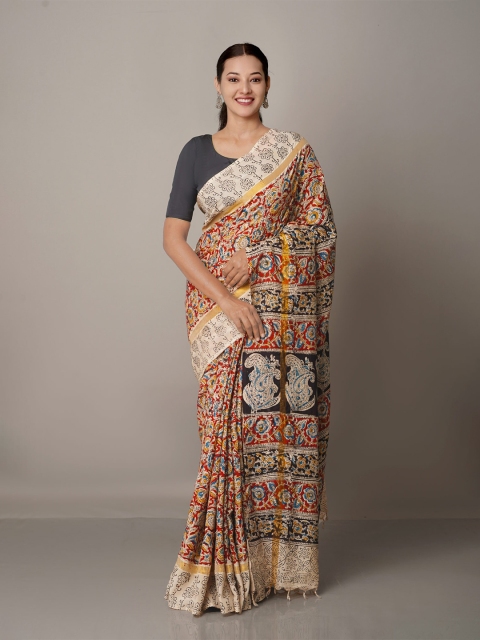 

Unnati Silks Red & Yellow Kalamkari Pure Silk Block Print Saree