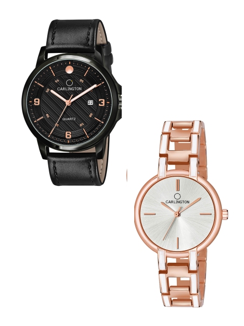 

CARLINGTON Unisex Black & Silver Dial & Black & Rose Gold Straps Couple Analogue Watch
