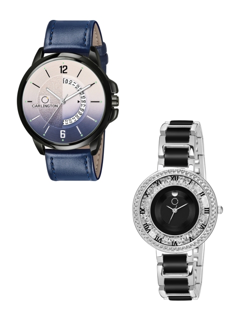 

CARLINGTON Unisex Black& Blue Dial & Black & Blue Leather Straps Couple Analogue Watch