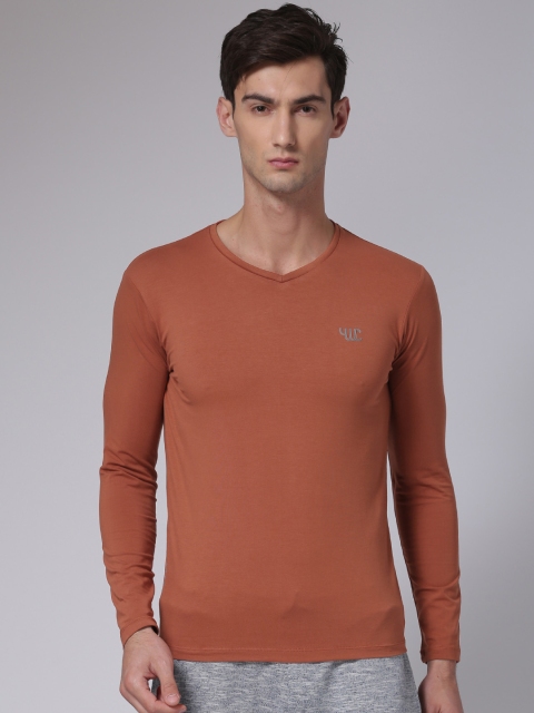 

YWC Men Rust Orange Solid V-Neck T-shirt