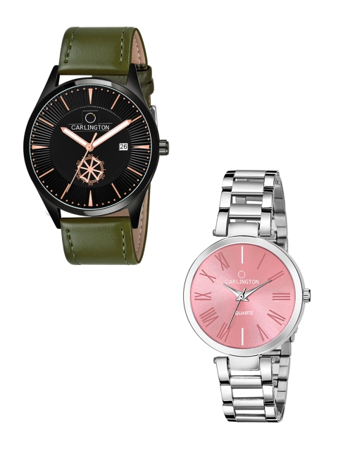 

CARLINGTON Unisex Set of 2 Multicoloured Dial Straps Analogue Watch, Black