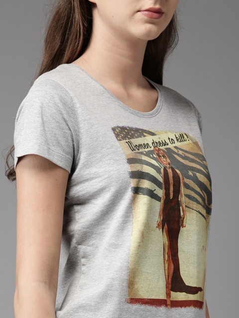 

Moda Rapido Women Grey Melange Printed Round Neck T-shirt
