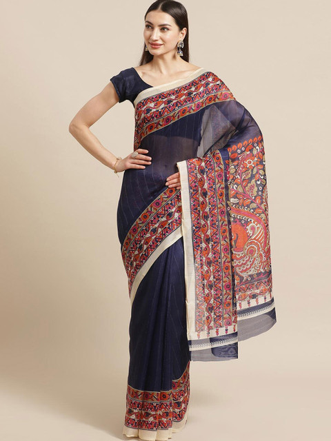 

Silk Bazar Navy Blue & Maroon Kalamkari Silk Blend Khadi Saree