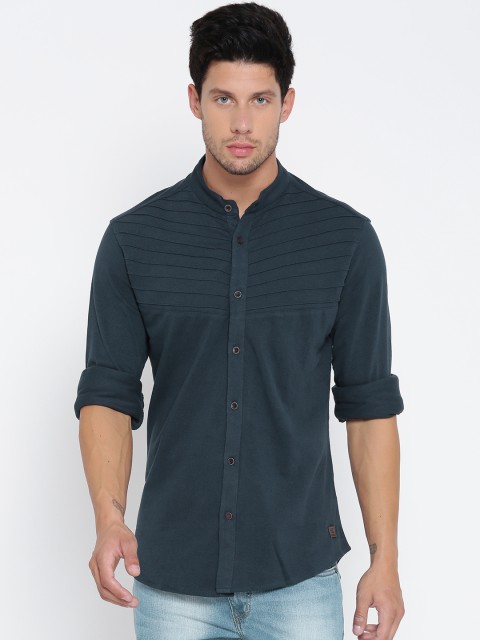 

YWC Men Navy Slim Fit Solid Knitted Casual Shirt, Navy blue