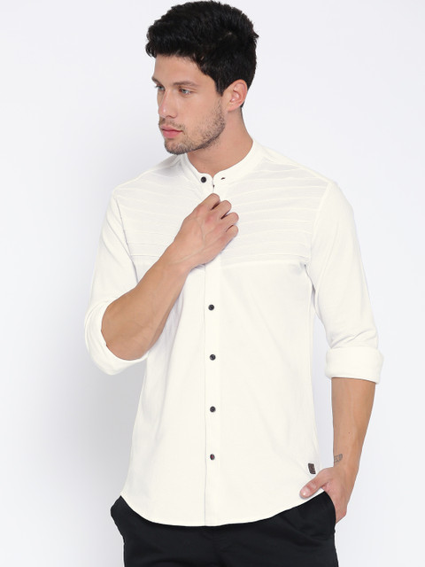 

YWC Men White YMS2157B Slim Fit Solid Knitted Casual Shirt with Tucks