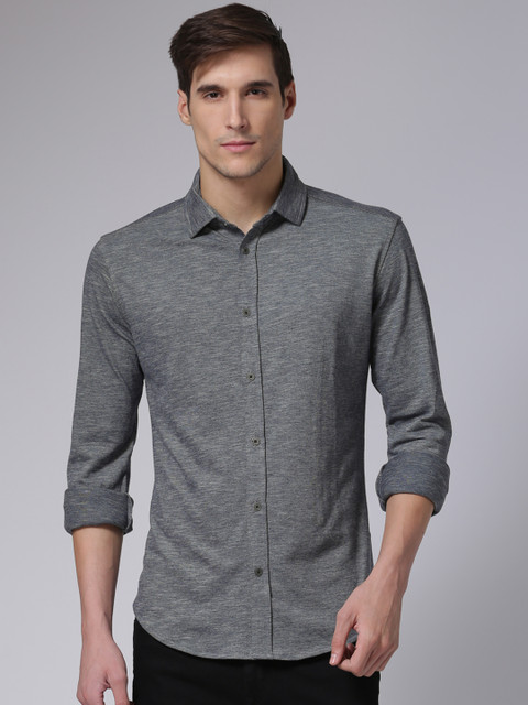 

YWC Men Navy Blue Standard Regular Fit Solid Knitted Casual Shirt