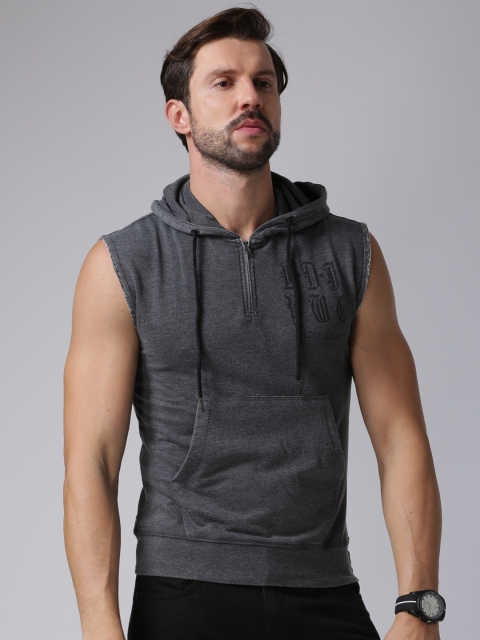 

YWC Men Charcoal Grey Solid Hooded Sweatshirt