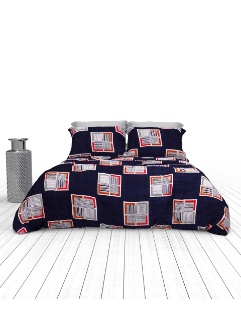 

THE WHITE MOSS Navy Blue & Red Geometric 210 TC King Bedsheet with 2 Pillow Covers