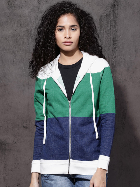 

Roadster Women White & Green Colourblocked Hooded Sweatshirt