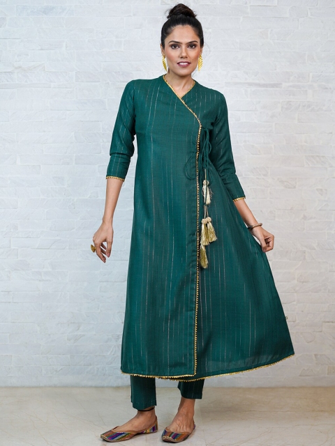 

FABNEST Women Green Striped Angrakha Linen Kurta with Trousers